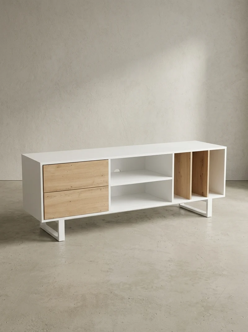 TV-Lowboard mit Eiche-Dekor, Schubladen und offenes Regal, modern