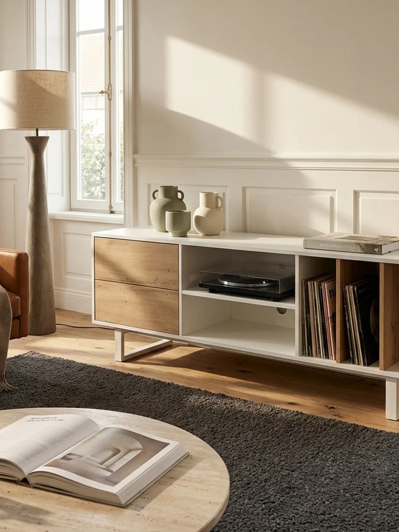 TV-Lowboard mit Eiche-Dekor, Schubladen und offenes Regal, modern