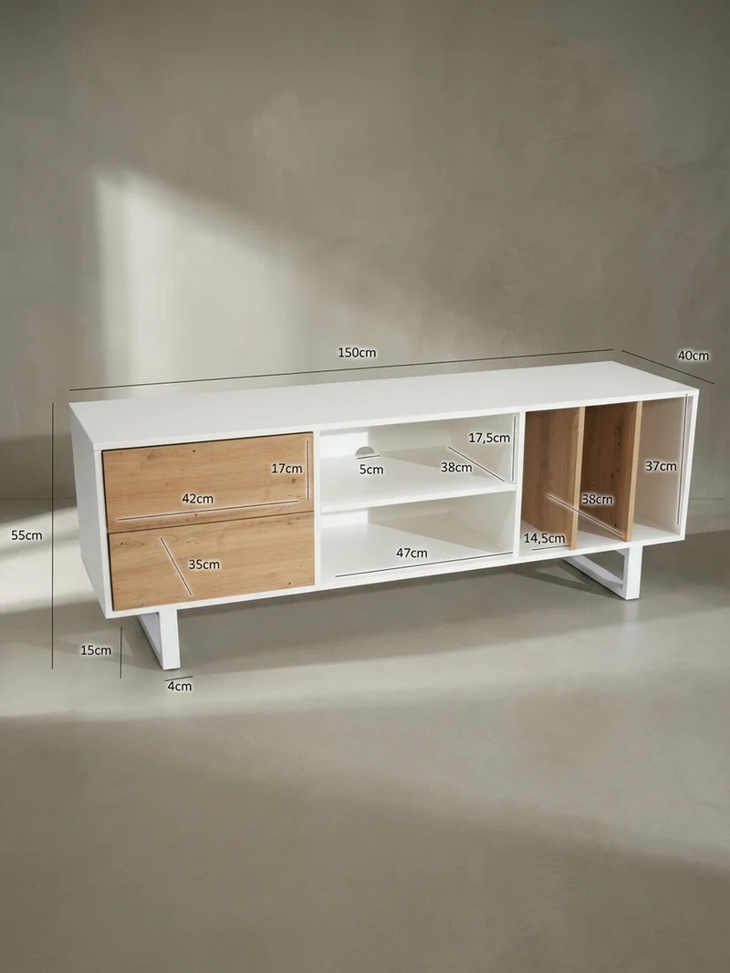 TV-Lowboard mit Eiche-Dekor, Schubladen und offenes Regal, modern