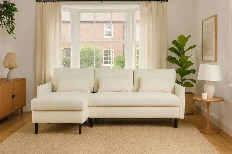 Model 12 Dreisitzer-Schlafsofa mit Chaiselongue links, Elfenbeinfarbe