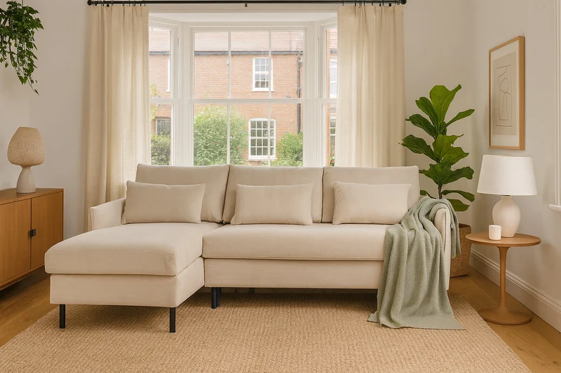 Model 12 Dreisitzer-Schlafsofa mit Chaiselongue links, Kreideweiß