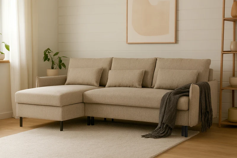 Model 12 Dreisitzer-Schlafsofa mit Chaiselongue links, Steingrau