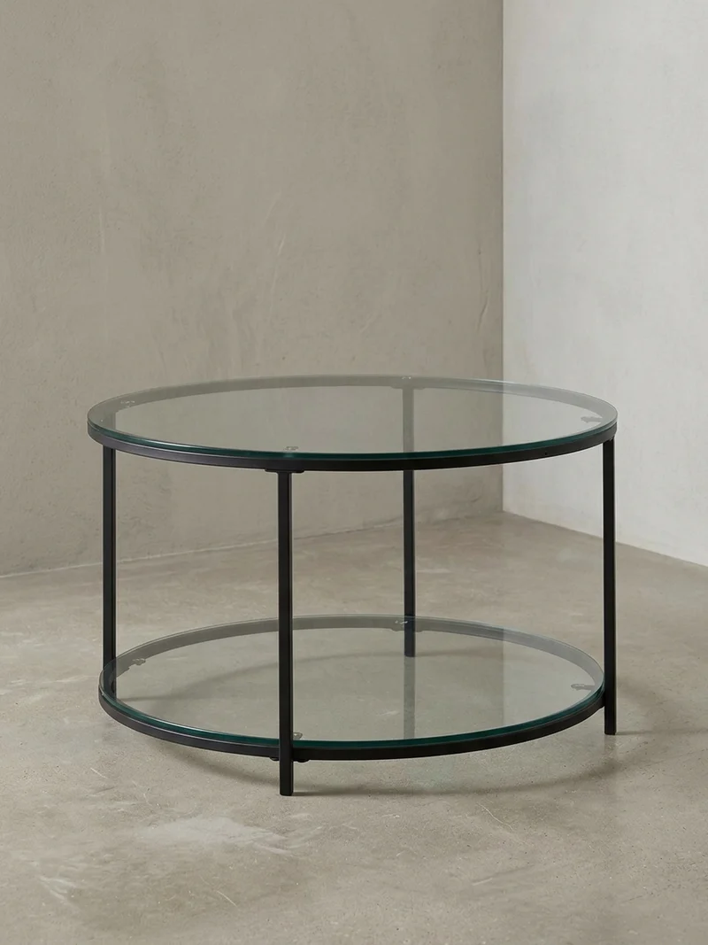 Couchtisch Glas-Metall Mix mit zwei Ablagen in Marmoroptik