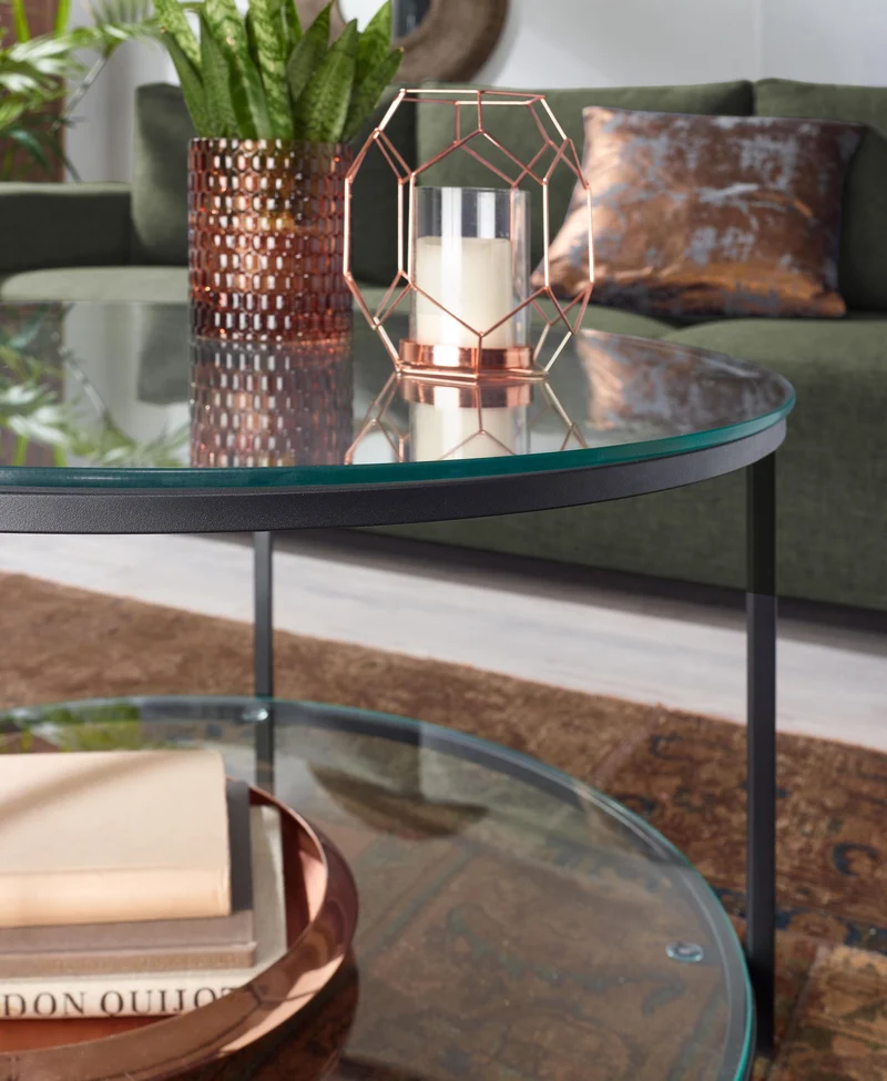 Couchtisch Glas-Metall Mix mit zwei Ablagen in Marmoroptik
