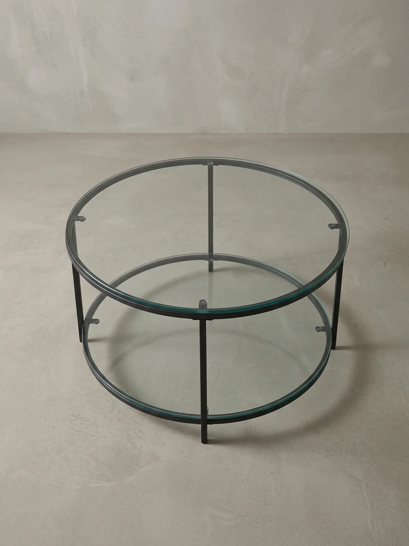 Couchtisch Glas-Metall Mix mit zwei Ablagen in Marmoroptik