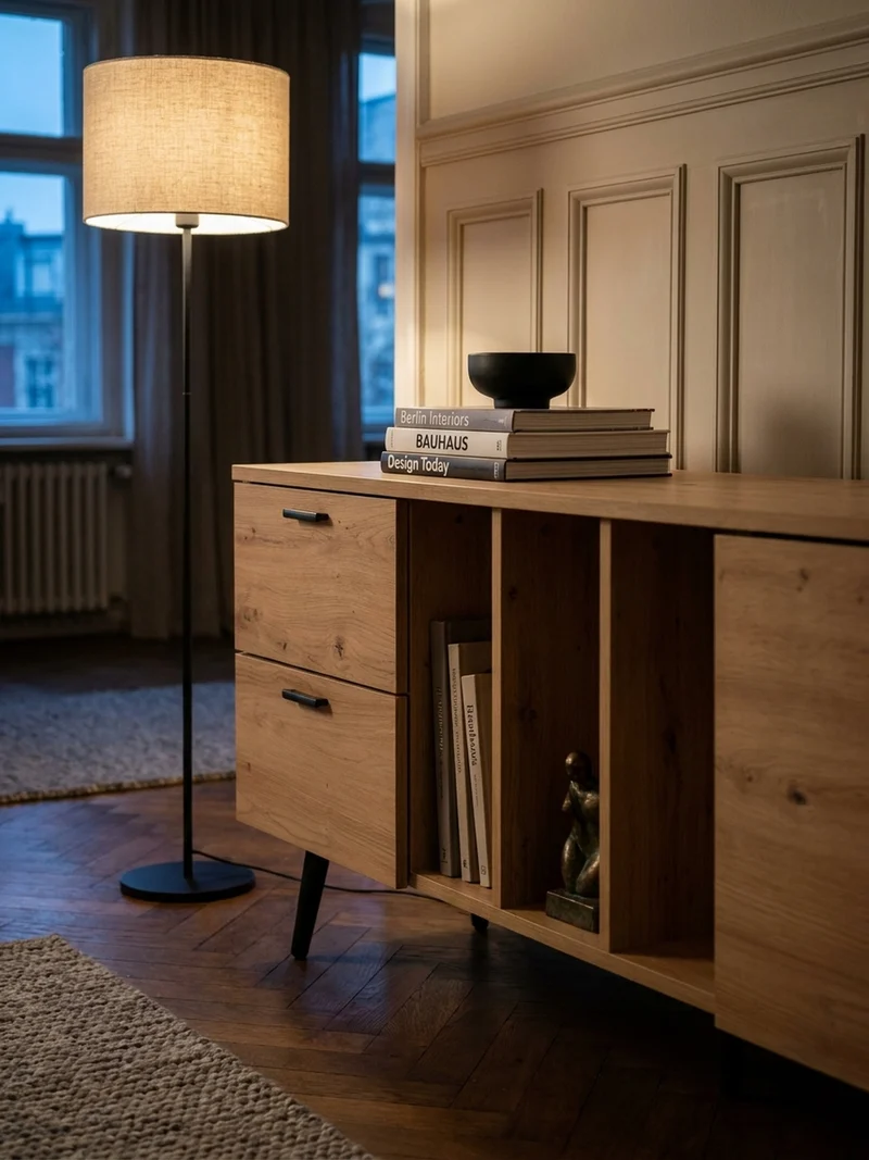 TV-Lowboard mit Eiche-Dekor, Tür und Schubladen, kompakte Aufteilung