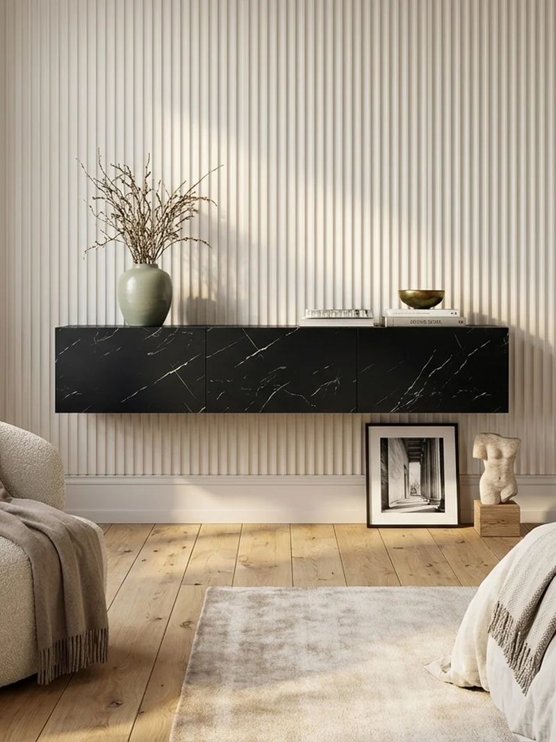 TV-Lowboard hängend groß, Marmor-Optik, Klapptüren, modern
