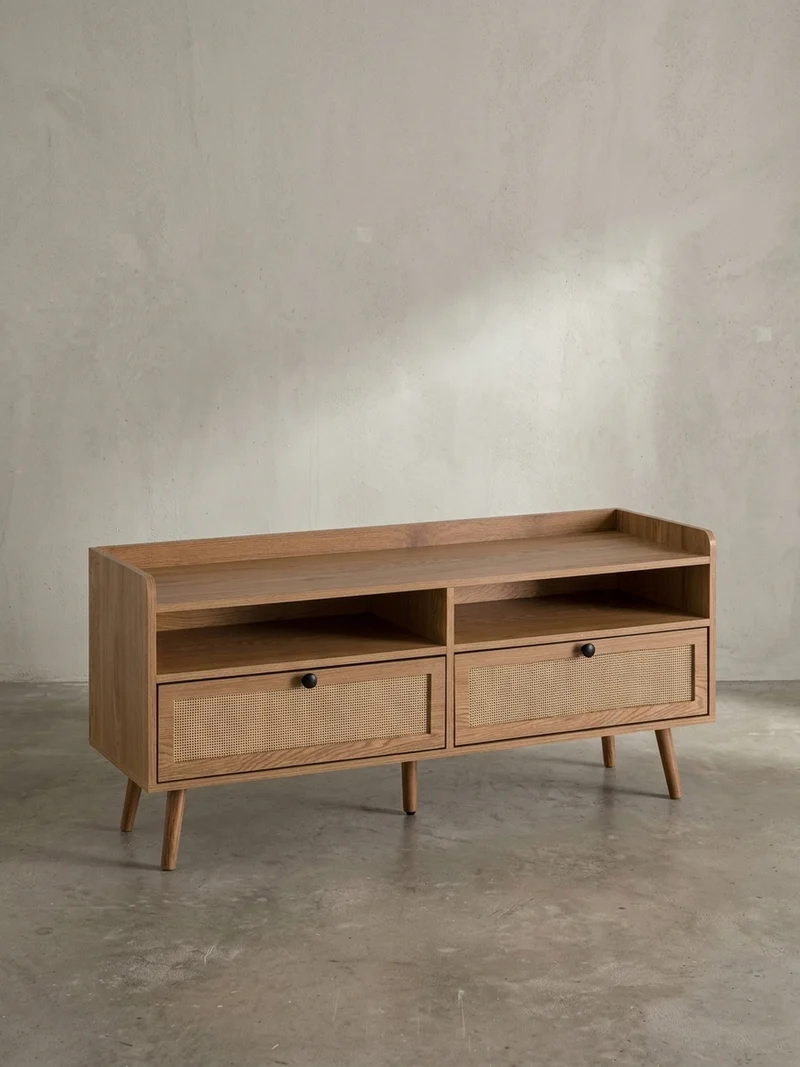 Lowboard Eiche-Dekor Rattan Modern Stil 120x56x39 cm mit Schubladen