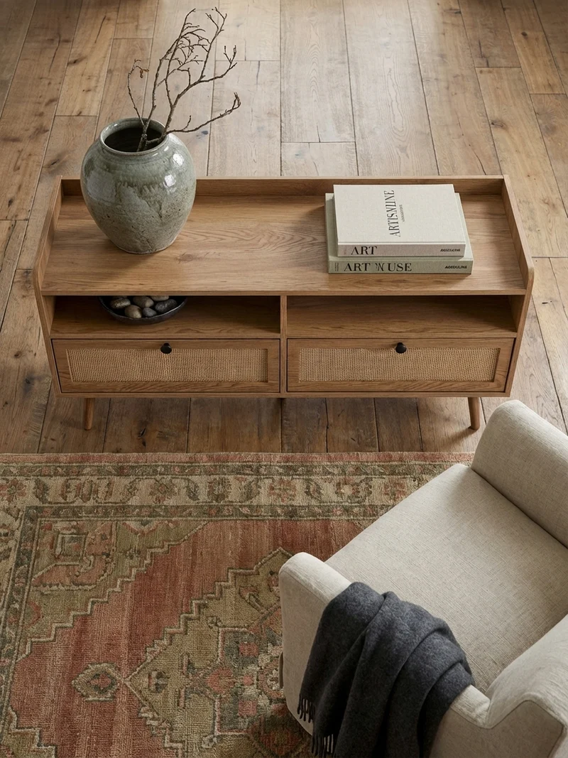 Lowboard Eiche-Dekor Rattan Modern Stil 120x56x39 cm mit Schubladen