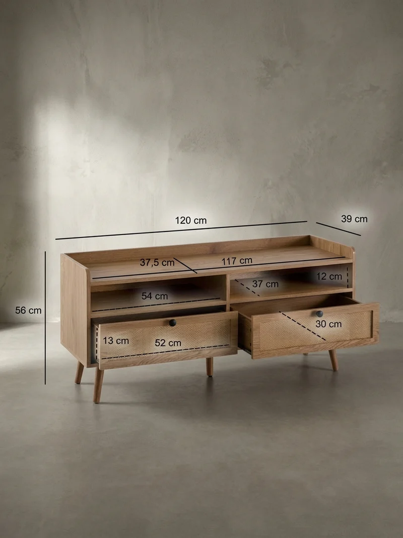 Lowboard Eiche-Dekor Rattan Modern Stil 120x56x39 cm mit Schubladen