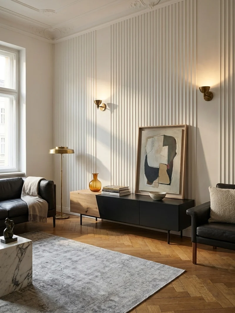TV-Lowboard mit Marmor/Eiche-Dekor, Türen und Schublade, modern