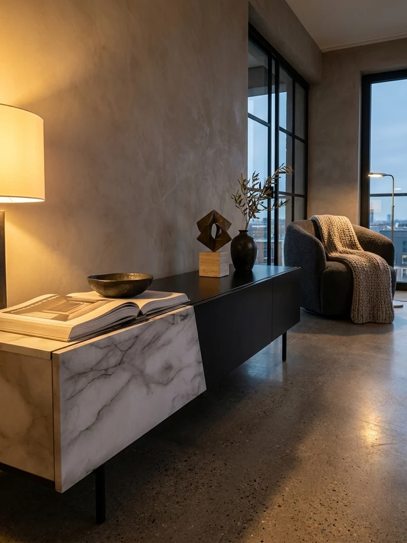 TV-Lowboard mit Marmor/Eiche-Dekor, Türen und Schublade, modern