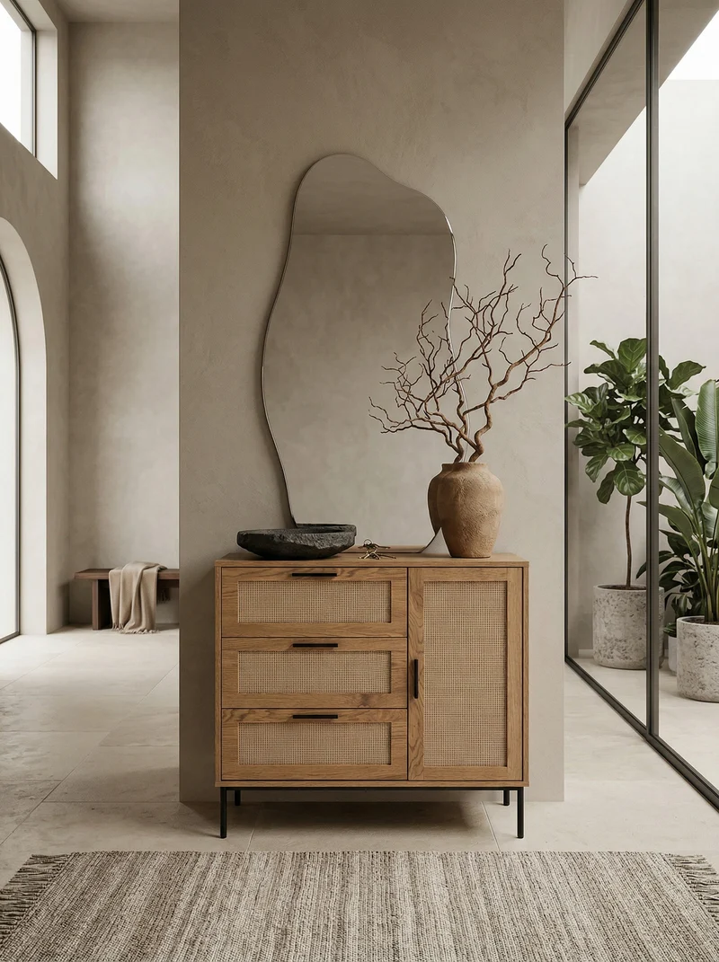 Kommode – Eiche-Dekor/Rattan, 80x82x36 cm, 3 Schubladen, 1 Tür, modern