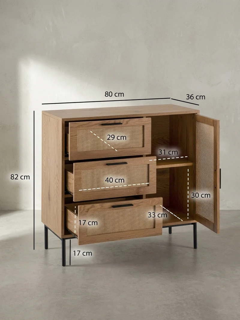 Kommode – Eiche-Dekor/Rattan, 80x82x36 cm, 3 Schubladen, 1 Tür, modern