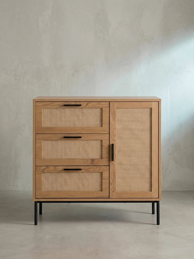 Kommode – Eiche-Dekor/Rattan, 80x82x36 cm, 3 Schubladen, 1 Tür, modern