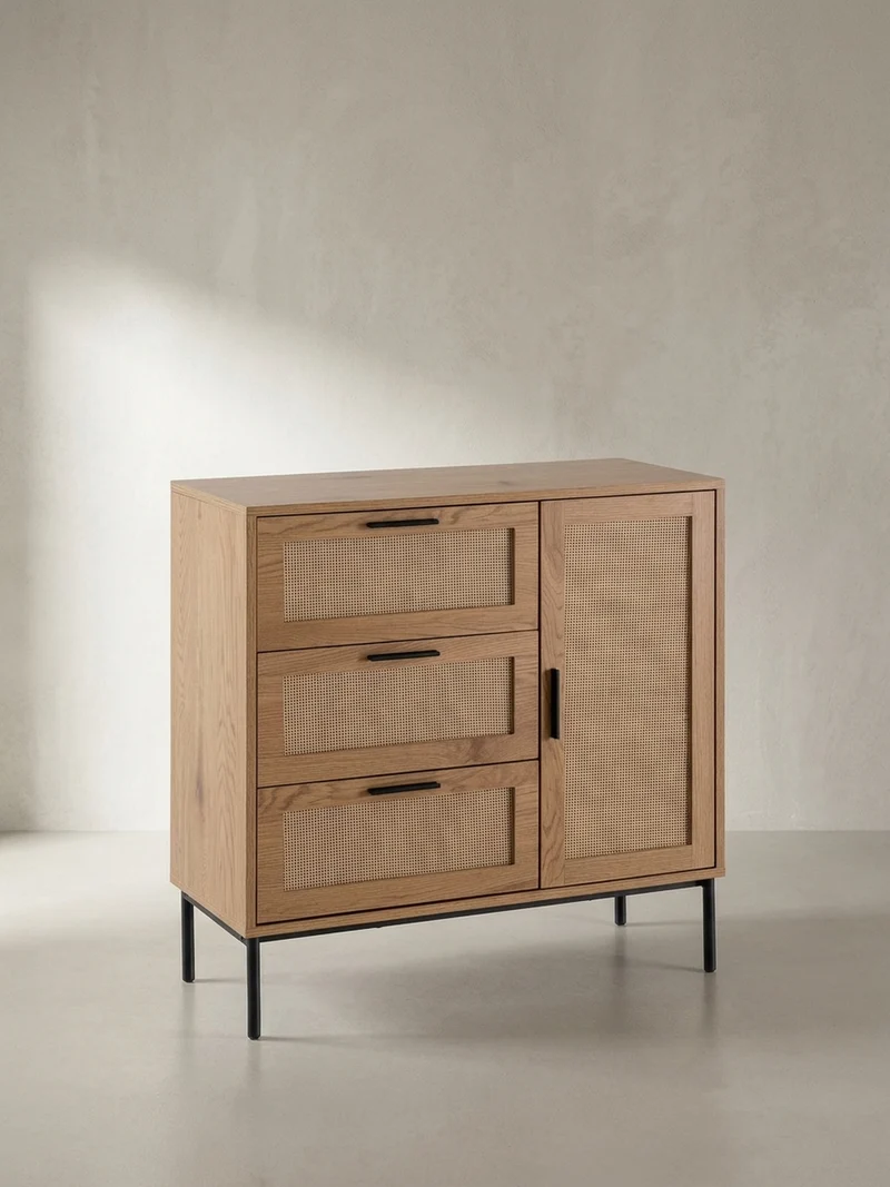 Kommode – Eiche-Dekor/Rattan, 80x82x36 cm, 3 Schubladen, 1 Tür, modern