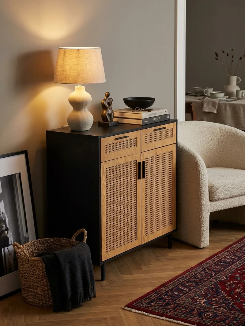 Sideboard – Schwarz, 80x86,5x40 cm, mit Wiener Geflecht, 2 Türen, Schubladen, hoch