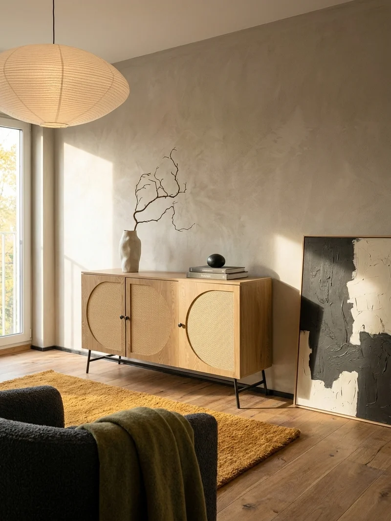 Sideboard – Eiche-Dekor/Rattan, 140x80x39 cm, 3 Türen, hoch
