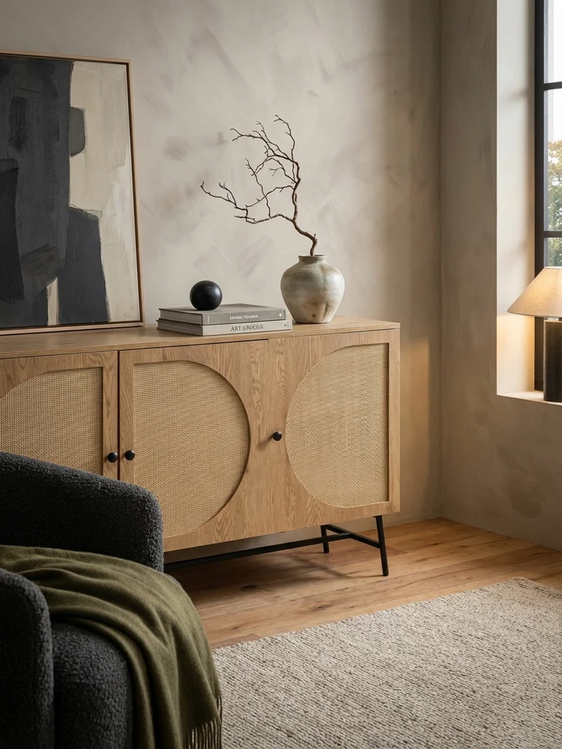 Sideboard – Eiche-Dekor/Rattan, 140x80x39 cm, 3 Türen, hoch