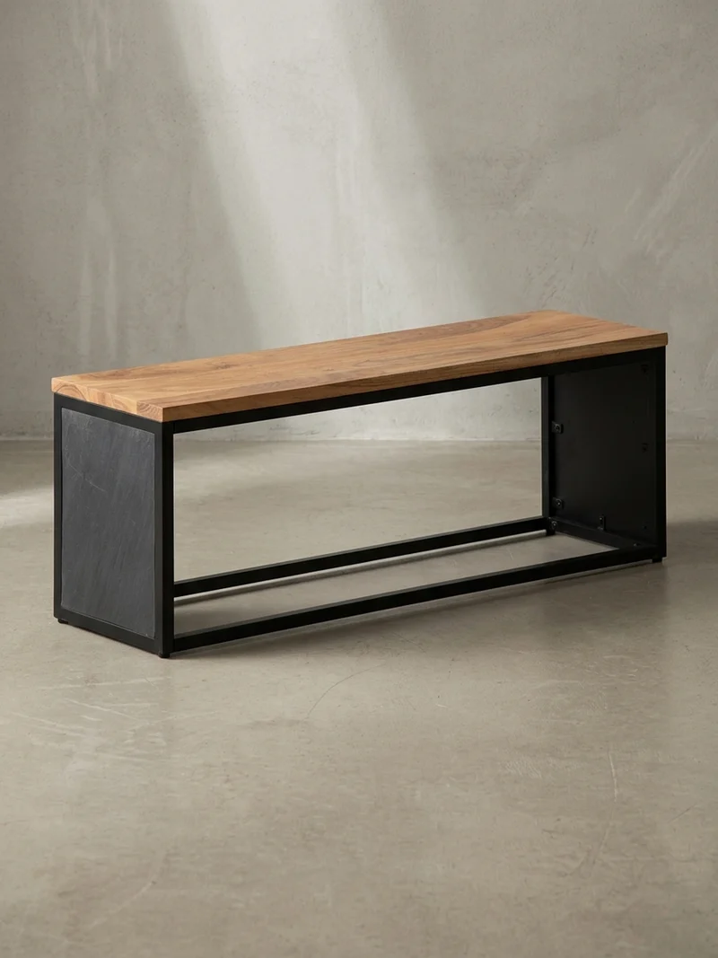 Sitzbank – Akazie Massivholz/Steinoptik, 120x45x35 cm, Metallgestell