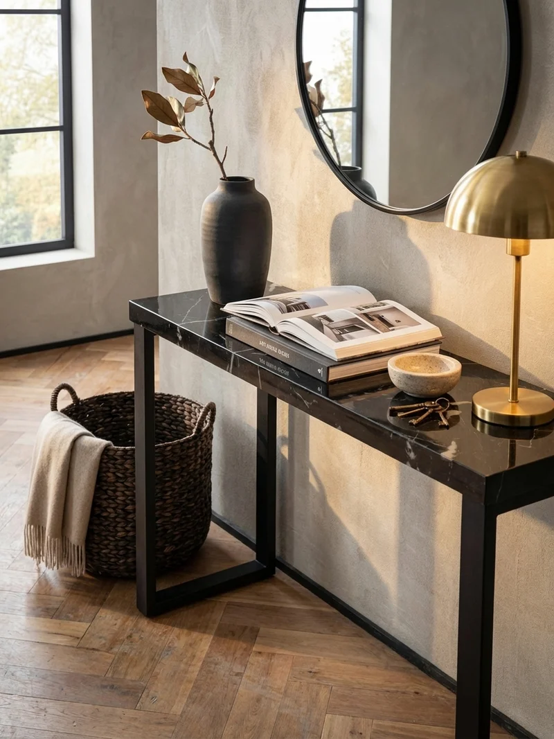 Konsolentisch – Marmoroptik Schwarz, 120x40x76 cm, Hochglanz, Metallbeine