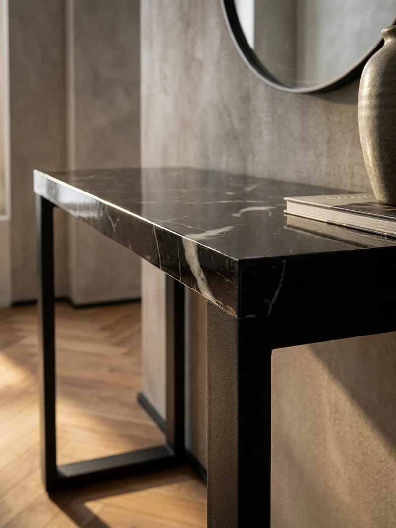 Konsolentisch – Marmoroptik Schwarz, 120x40x76 cm, Hochglanz, Metallbeine