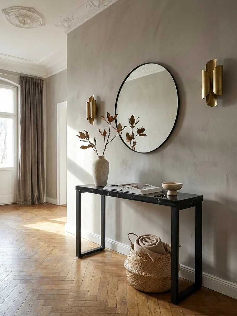 Konsolentisch – Marmoroptik Schwarz, 120x40x76 cm, Hochglanz, Metallbeine