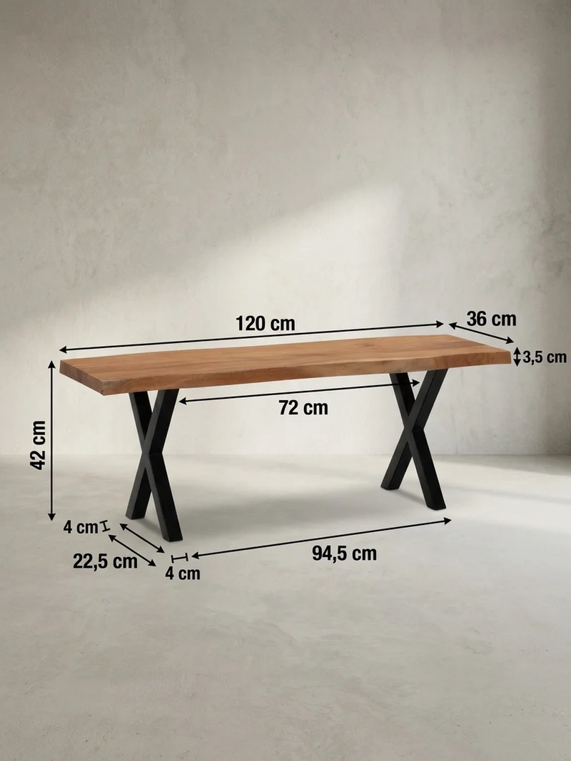 Sitzbank – Akazie/Massivholz/Metall, 120x40x45,5 cm, Baumkante, ohne Lehne