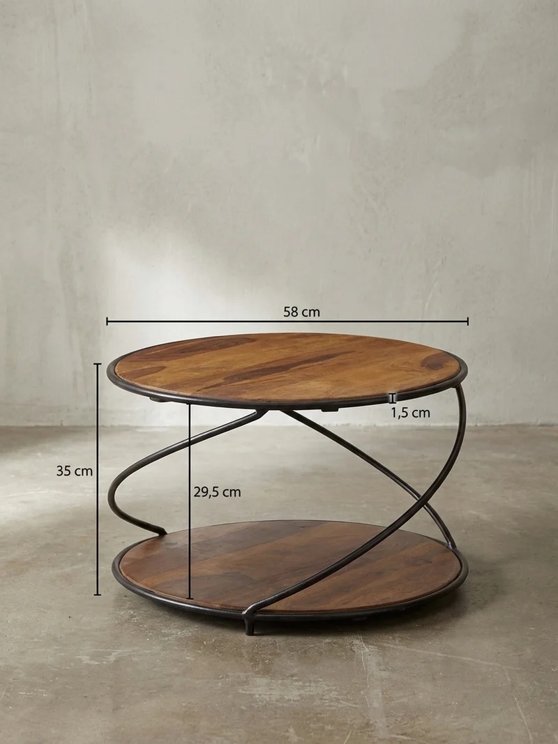 Couchtisch Schwarz/Braun, Sheesham Massivholz und Edelstahl, mit 2 Ablageflächen