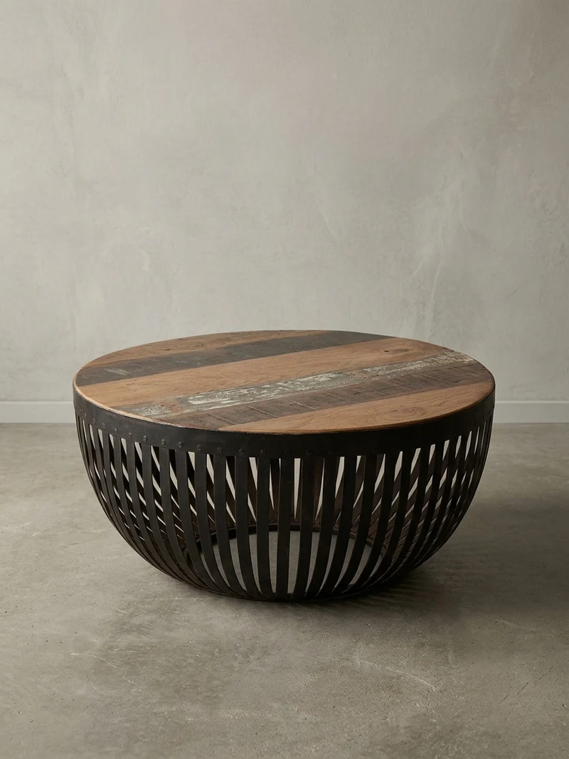 Couchtisch Braun aus recyceltem Mangoholz, 70x33x70 cm, im Industrial-Design