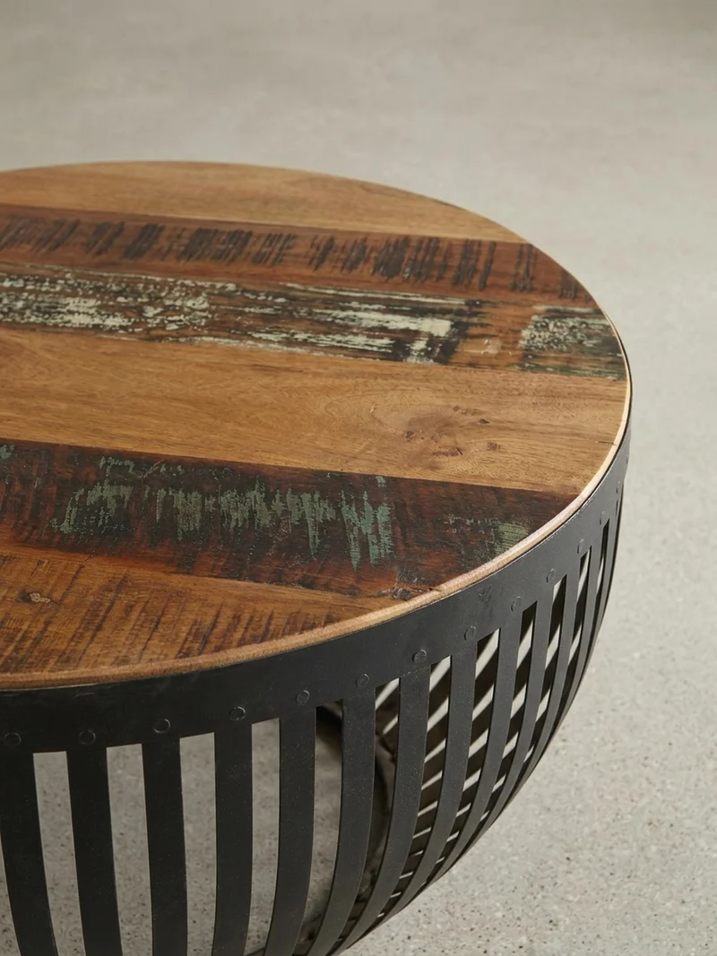 Couchtisch Braun aus recyceltem Mangoholz, 70x33x70 cm, im Industrial-Design