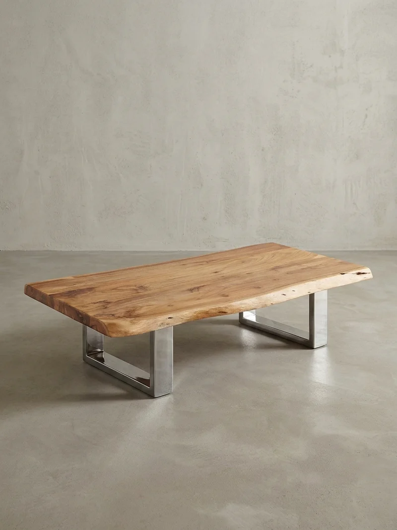 Couchtisch Akazienholz Massiv, Baumkanten Design, Landhausstil, Metallbeine Stabil