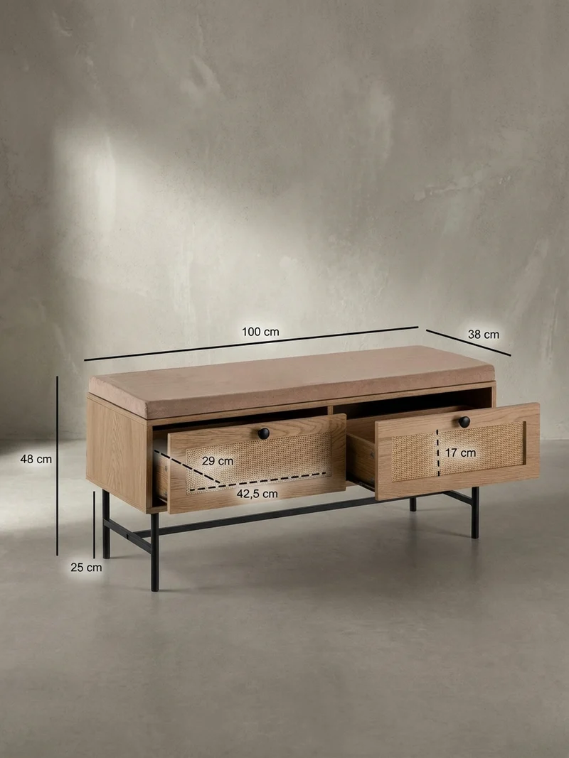Schuhbank – 100x48x38 cm, Eiche-Dekor, Sitzfläche Stoff, mit Schubladen