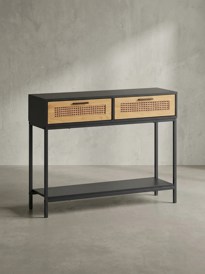 Konsolentisch – Schwarz, 100x30x75 cm, mit Wiener Geflecht, Schubladen und Ablage