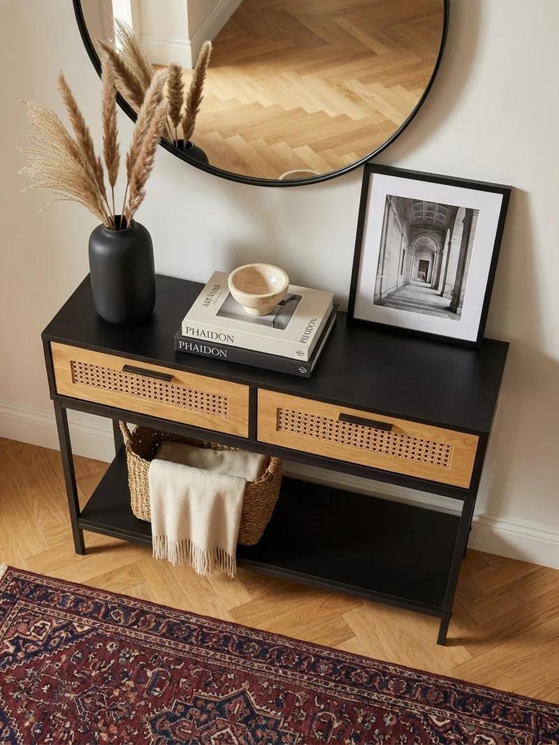 Konsolentisch – Schwarz, 100x30x75 cm, mit Wiener Geflecht, Schubladen und Ablage