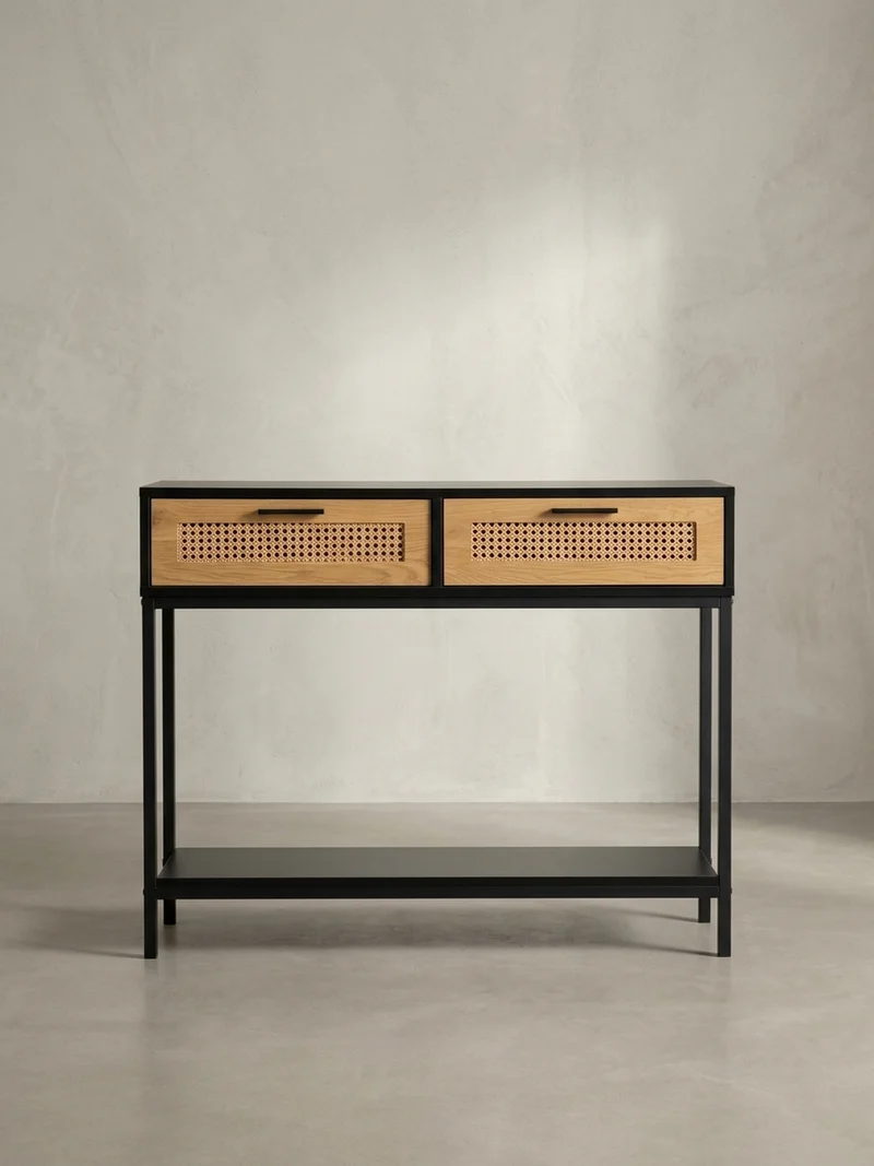 Konsolentisch – Schwarz, 100x30x75 cm, mit Wiener Geflecht, Schubladen und Ablage