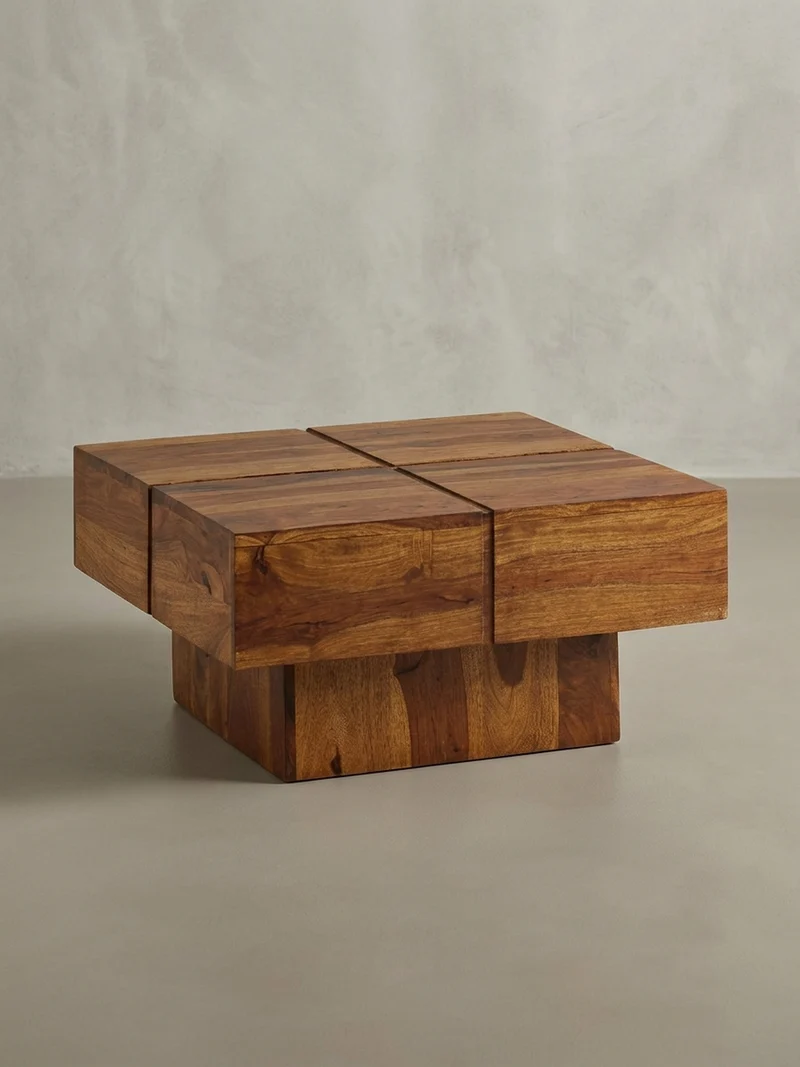 Couchtisch Quadrat in Sheesham Massivholz, Modernes Rillenmuster, Maße 57,5x57,5x30 cm