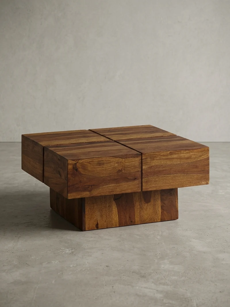 Couchtisch Quadrat in Sheesham Massivholz, Modernes Rillenmuster, Maße 57,5x57,5x30 cm