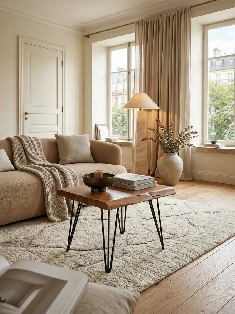 Couchtisch Massivholz Sheesham mit Baumkante und Haarnadelbeinen, Stil Natürlichkeit