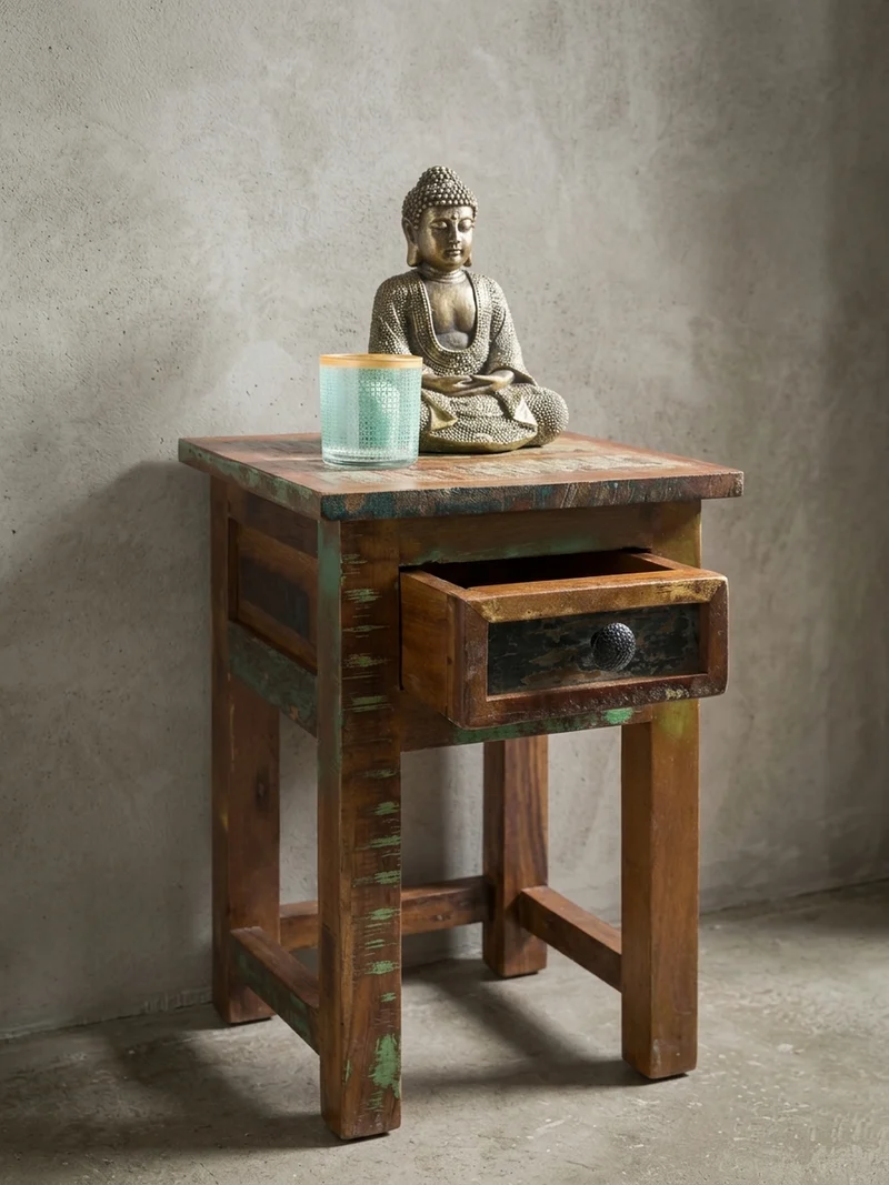 Beistelltisch – Mango Massivholz Braun mit Schublade Shabby Chic
