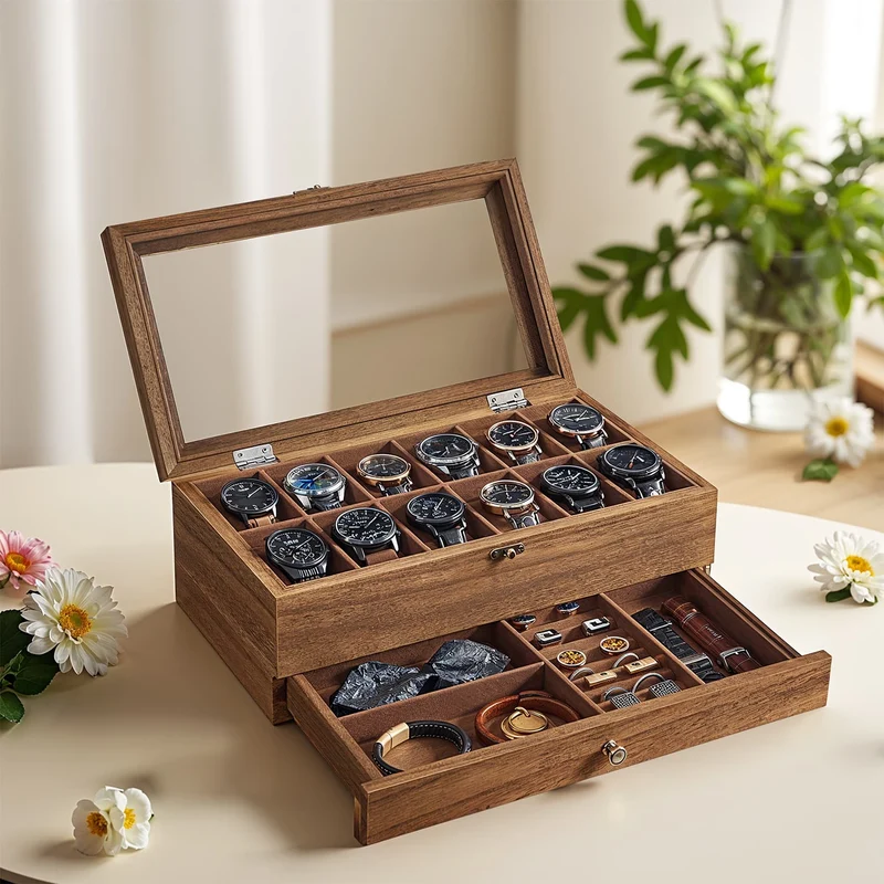 Uhrenbox mit Glasdeckel aus Massivholz