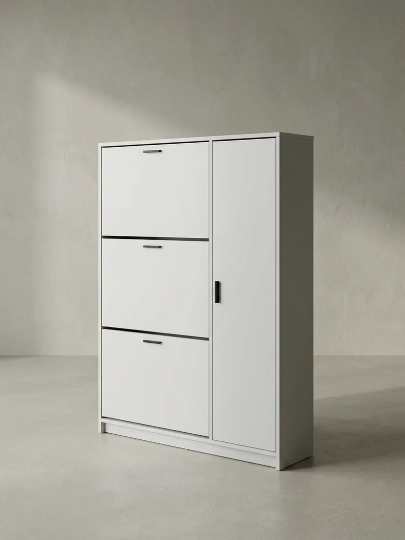 Schuhschrank – Weiß, 90x120x24 cm, Schuhkipper geschlossen, mit Ablage