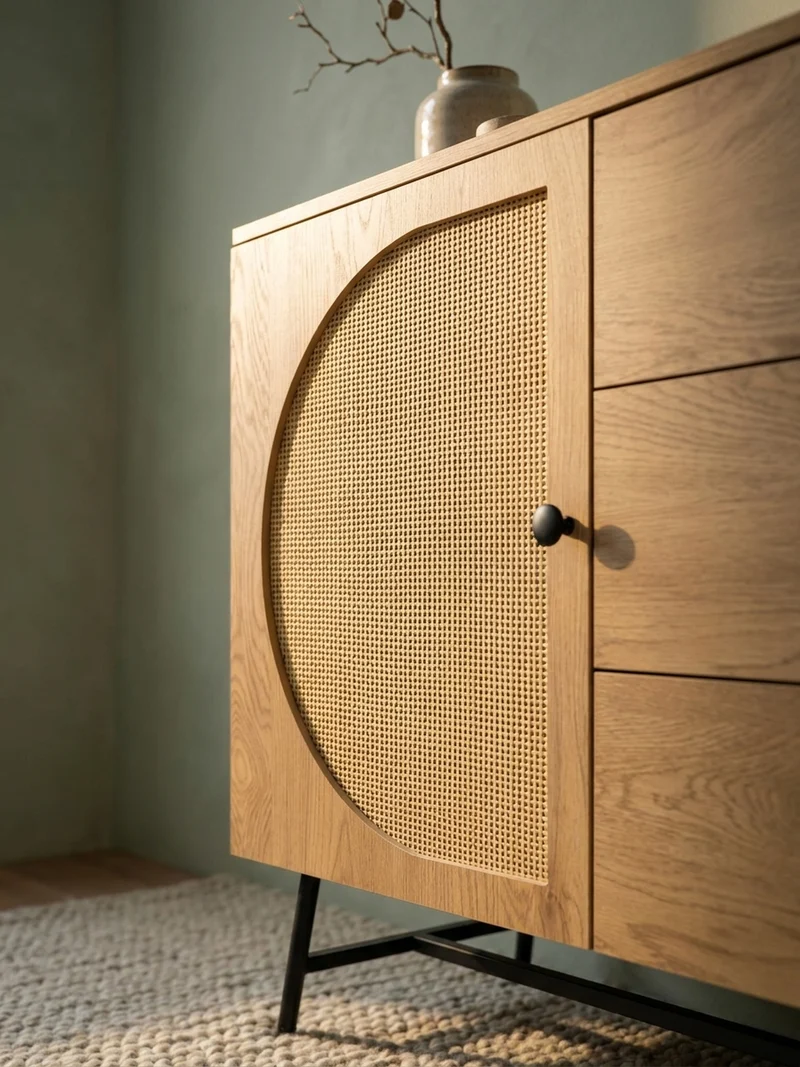 Sideboard – Eiche-Dekor/Rattan, 140x80x40 cm, 2 Türen, 3 Schubladen, hoch