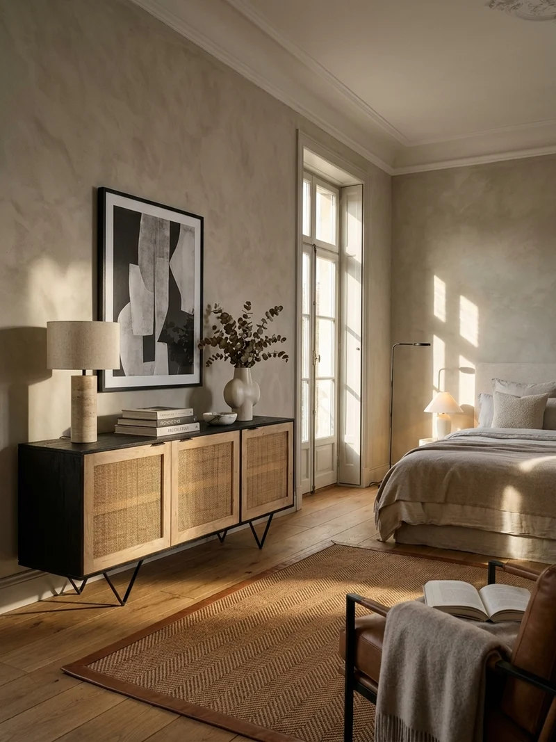 Sideboard – Mango Massivholz/Rattan, 175x75x45 cm, 3 Türen, schwarz/braun