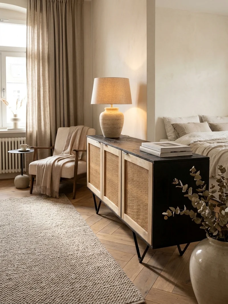 Sideboard – Mango Massivholz/Rattan, 175x75x45 cm, 3 Türen, schwarz/braun