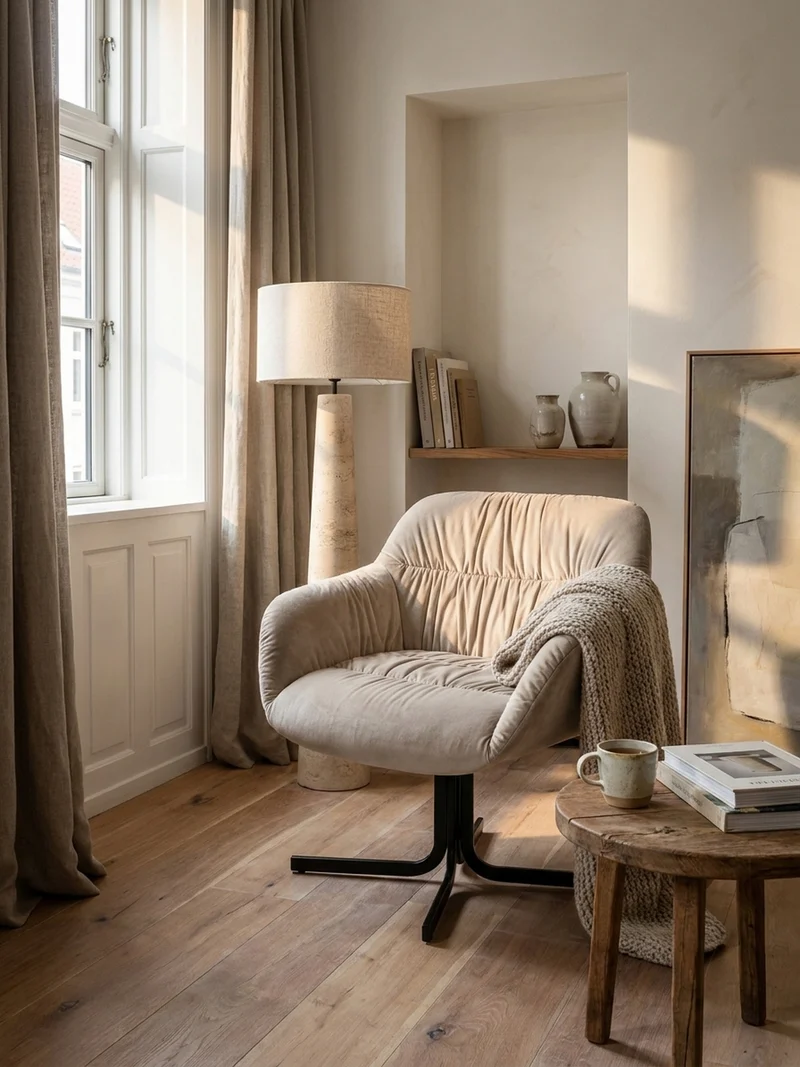 Loungesessel Samt mit Armlehnen und Metallgestell, gepolsterter Schalensitz, Beige 64x68x74 cm