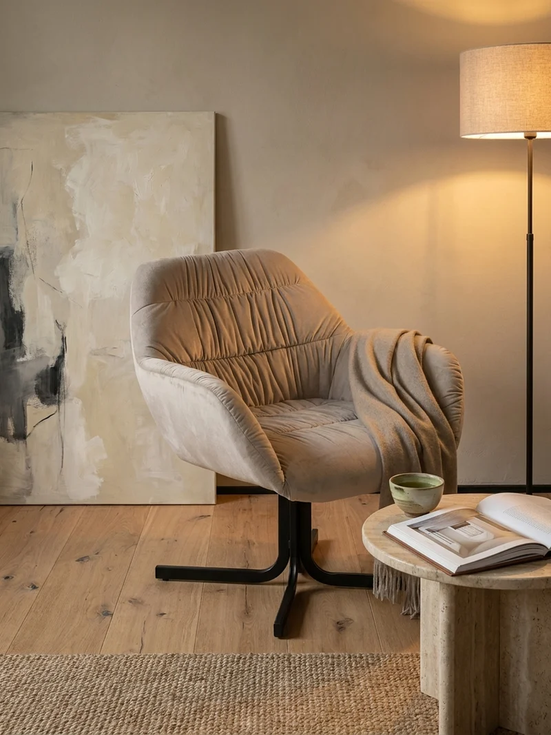 Loungesessel Samt mit Armlehnen und Metallgestell, gepolsterter Schalensitz, Beige 64x68x74 cm