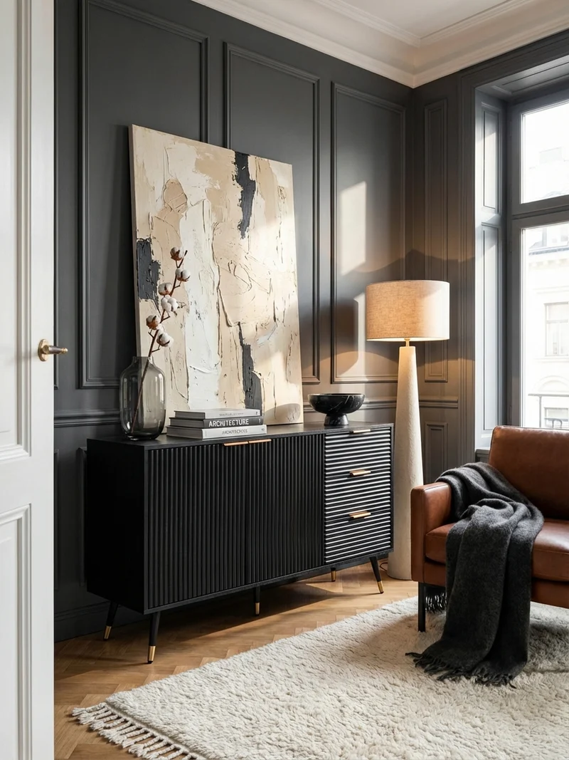 Sideboard – Schwarz/Eiche-Dekor, 120x80x40 cm, mit Türen und Schubladen, Metallbeine