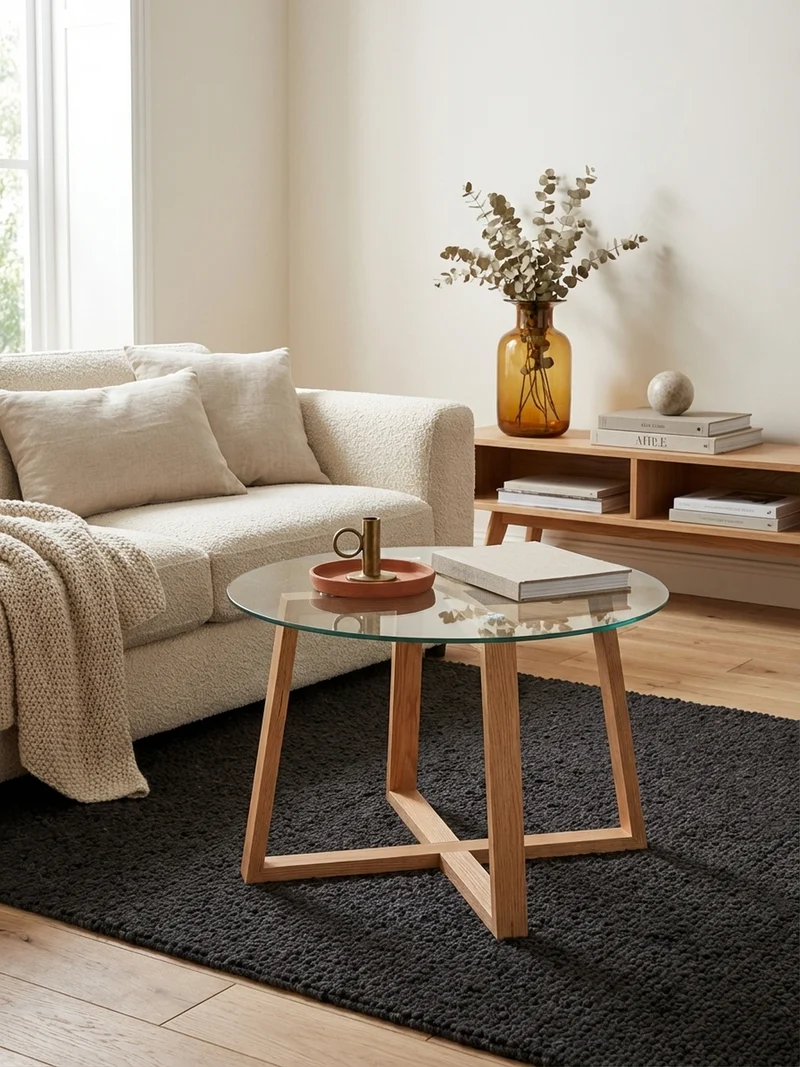 Couchtisch Eiche massiv mit Glasplatte, modernes Design, überkreuztes Gestell