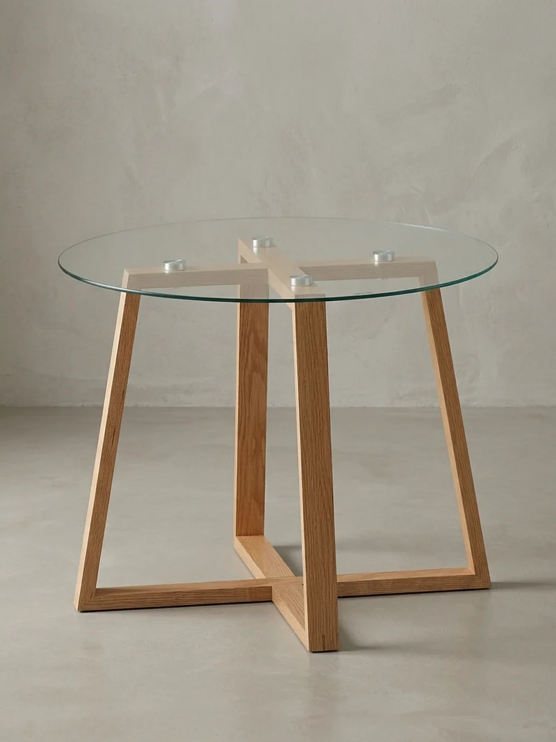 Couchtisch Eiche massiv mit Glasplatte, modernes Design, überkreuztes Gestell